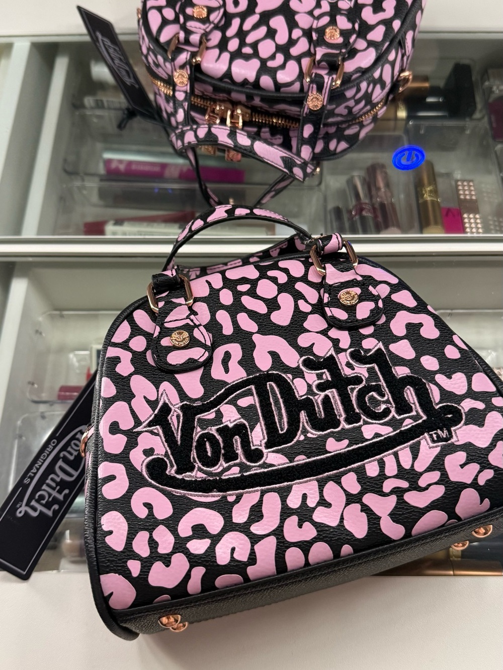 Von Dutch Pink and Black Leopard Mini Dome Satchel